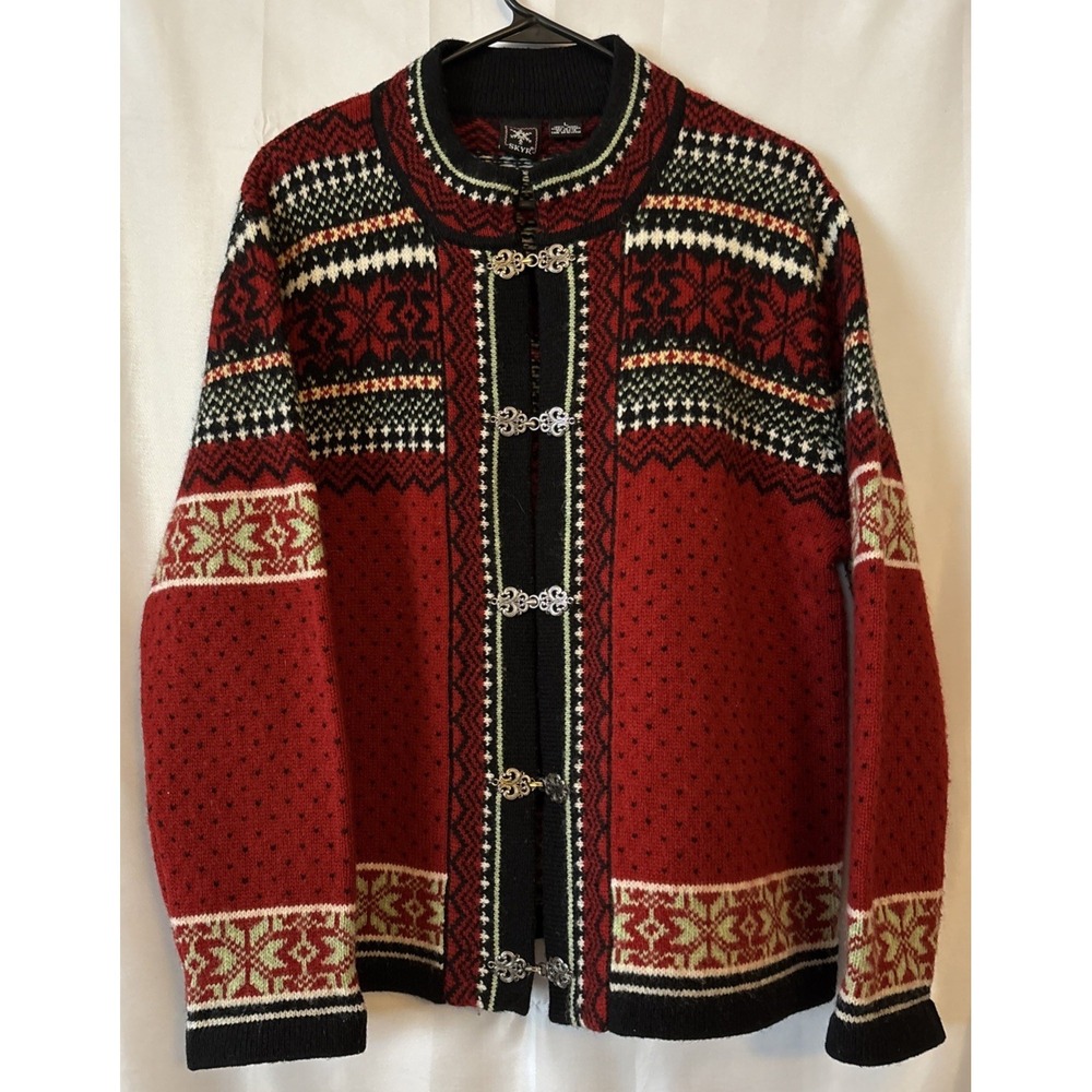Skyr Fairisle Nordic Cardigan Sweater Women's LG 100% Wool Red Black Hook & Eye